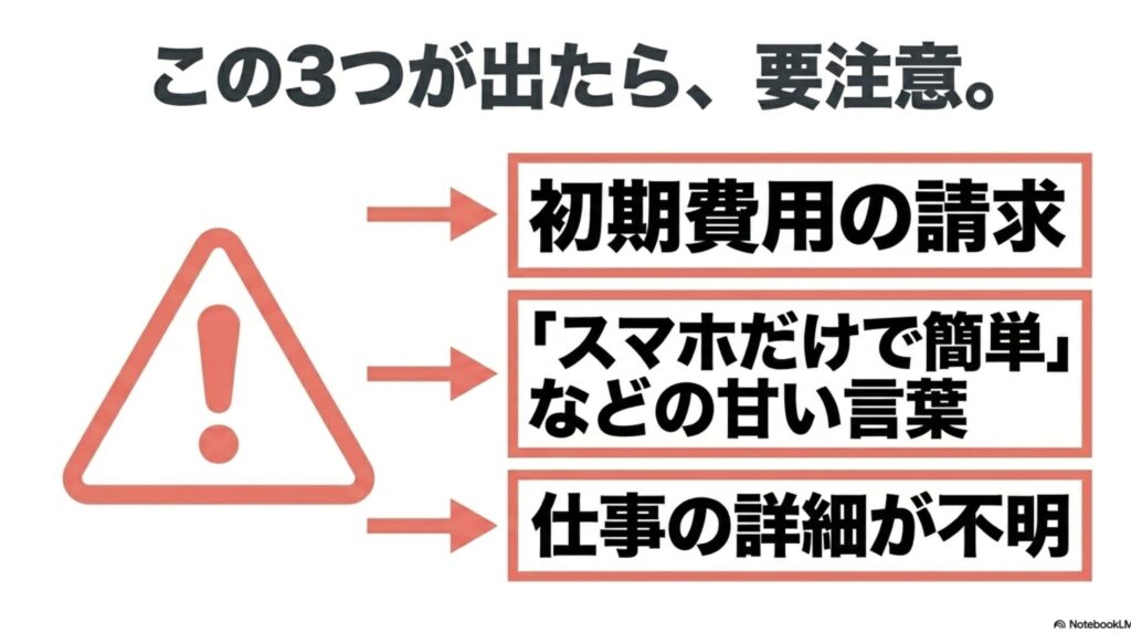 在宅ワークで月収20万を未経験から目指す現実的手順 : 「この3つが出たら、要注意。」として、初期費用の請求、「スマホだけで簡単」などの甘い言葉、仕事の詳細が不明、という3つの悪質な求人の特徴を挙げたスライド画像。