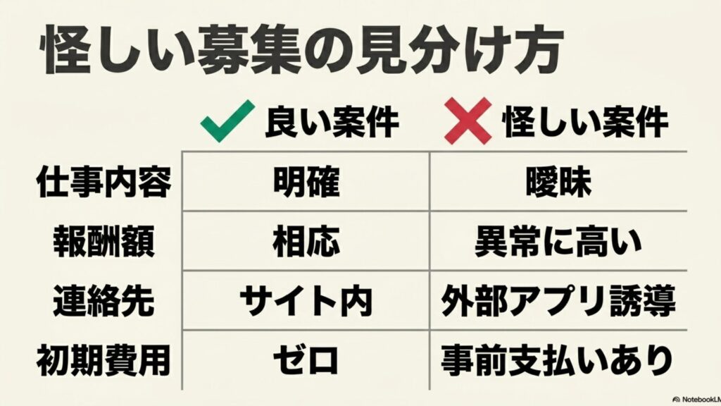 オンライン秘書をクラウドワークスで未経験から始める方法 : クラウドワークスの求人から怪しい募集を見分けるため、仕事内容、報酬額、連絡先、初期費用の4項目で良い案件と怪しい案件を比較したスライド。