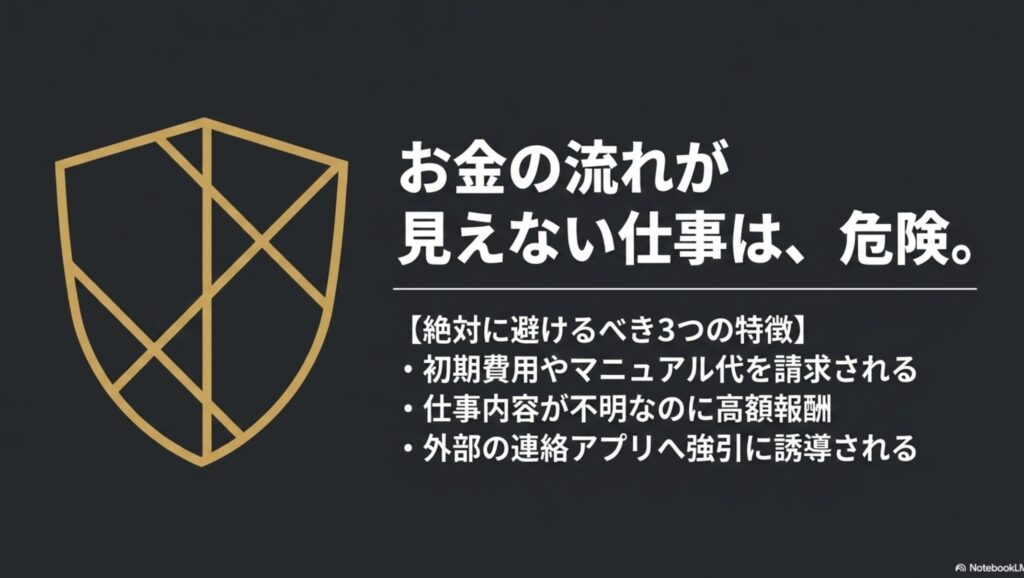 在宅ワークをパソコンなしスマホのみでOK!安全なアプリで始める : お金の流れが見えない危険な仕事の共通点として、初期費用やマニュアル代の請求、仕事内容が不明な高額報酬、外部連絡アプリへの誘導という「絶対に避けるべき3つの特徴」を盾のイラストと共に挙げたスライド。