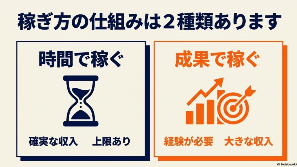 在宅ワークだけで生活は可能？収入目安と仕事選びの手順 : 砂時計をモチーフにした時間で稼ぐ仕事と成果で稼ぐ仕事の比較図