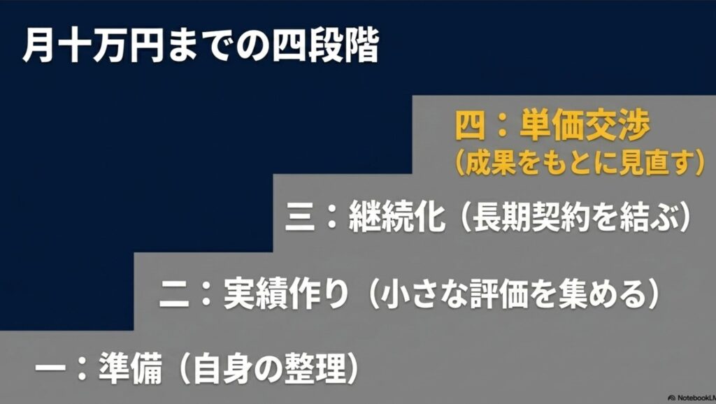 オンライン秘書の求人の探し方|フルリモート・未経験・在宅対応 : 一:準備(自身の整理)、二:実績作り(小さな評価を集める)、三:継続化(長期契約を結ぶ)、四:単価交渉(成果をもとに見直す)という、月10万円を達成するステップを示したスライド画像。