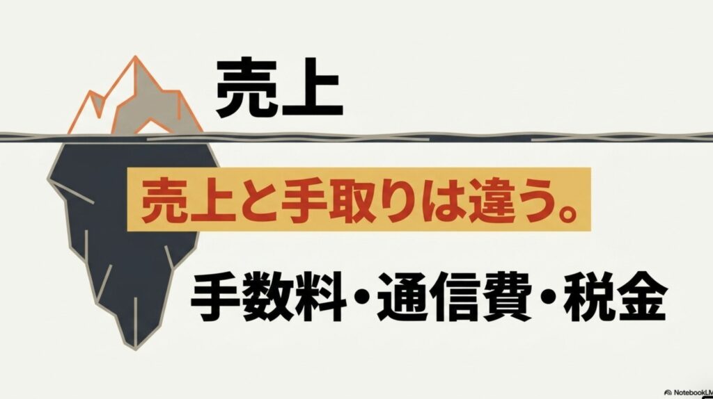オンライン秘書の年収・月収・時給相場と月10万達成法 : 売上と手取りは異なり、そこから手数料や通信費、税金が発生することを注意喚起する「売上 売上と手取りは違う。」のスライド画像。