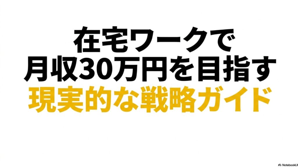 在宅ワークで月収30万を狙うなら知るべき収入戦略完全ガイド : 「在宅ワークで月収30万円を目指す 現実的な戦略ガイド」と書かれたスライドの表紙タイトル画像。
