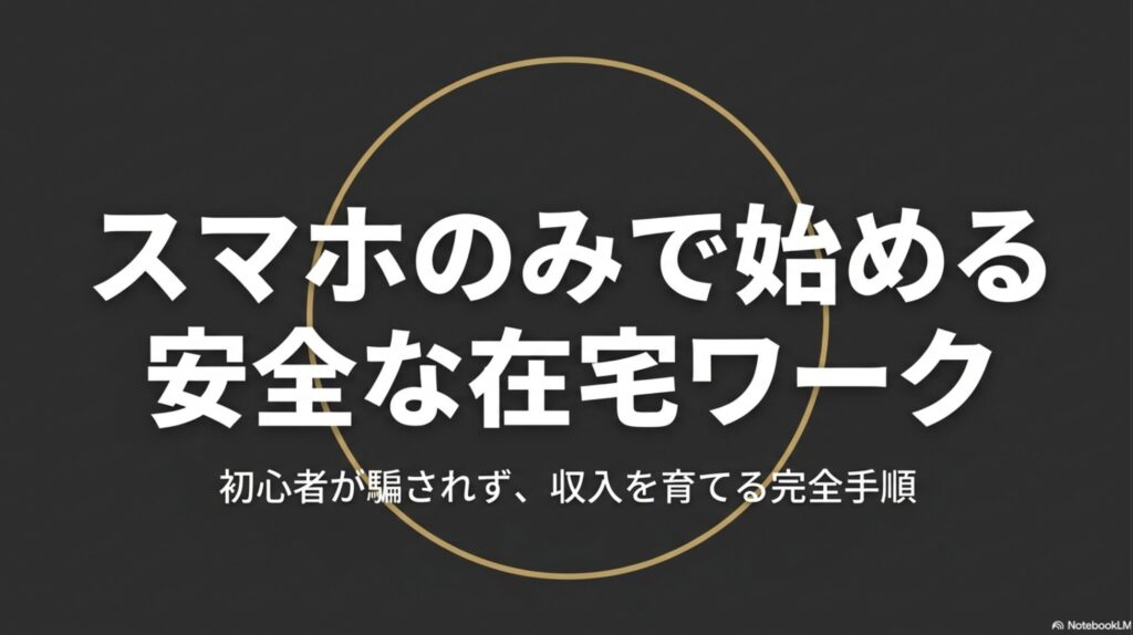 在宅ワークをパソコンなしスマホのみでOK！安全なアプリで始める : スマホのみで始める安全な在宅ワークの始め方を解説したスライドの表紙。「初心者が騙されず、収入を育てる完全手順」というタイトルが記載されています。