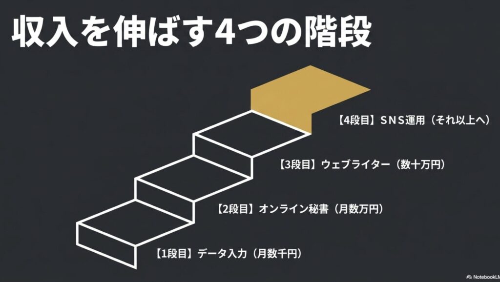 在宅ワークをパソコンなしスマホのみでOK!安全なアプリで始める : 在宅ワークの収入を伸ばすロードマップとして、1段目データ入力(月数千円)、2段目オンライン秘書(月数万円)、3段目ウェブライター(数十万円)、4段目SNS運用(それ以上へ)と、段階的にステップアップする4つの階段を示したスライド。
