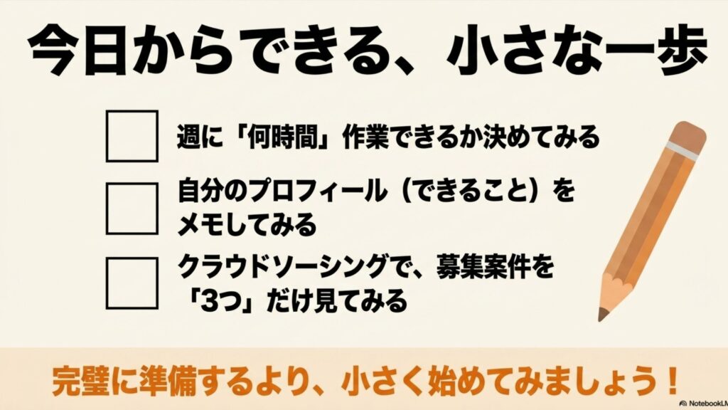 在宅ワークは資格なし主婦でも始められる！稼ぎ方ガイド : 「今日からできる、小さな一歩」として、週の作業時間を決める、プロフィールをメモする、クラウドソーシングの募集案件を3つ見るという具体的な行動を促し、小さく始める大切さを伝えるスライド画像。