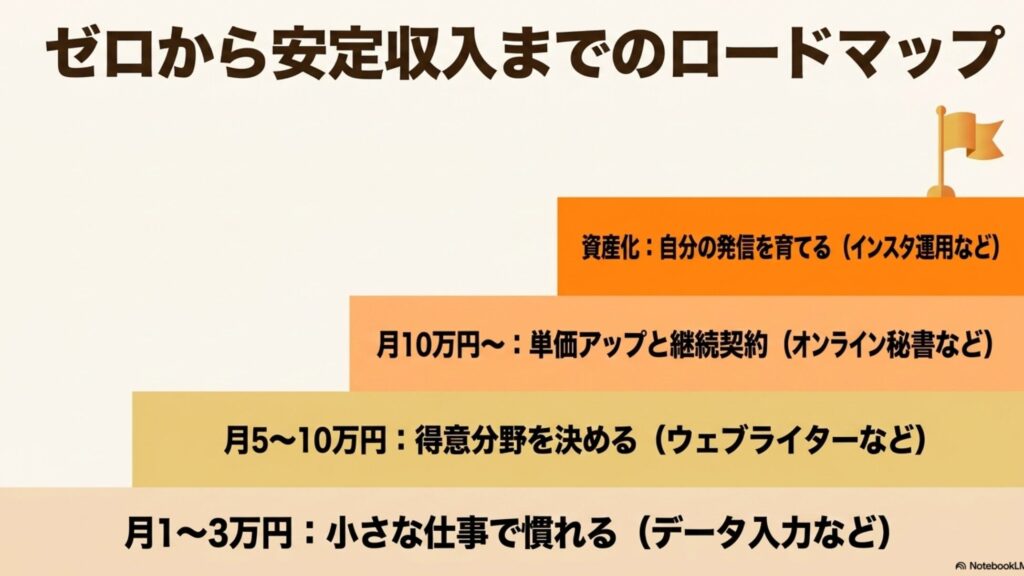 在宅ワークは資格なし主婦でも始められる！稼ぎ方ガイド : ゼロから安定収入までのロードマップを階段状に図解。月1〜3万円（データ入力等）、月5〜10万円（ウェブライター等）、月10万円〜（オンライン秘書等）、そして資産化（インスタ運用等）へ進む流れを示すスライド画像。