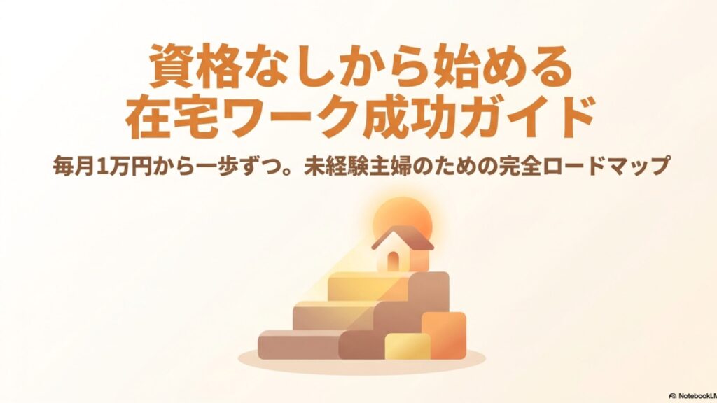 在宅ワークは資格なし主婦でも始められる！稼ぎ方ガイド : 資格なしから始める在宅ワーク成功ガイド。毎月1万円から一歩ずつ、未経験主婦のための完全ロードマップと書かれたアイキャッチ用のスライド画像。