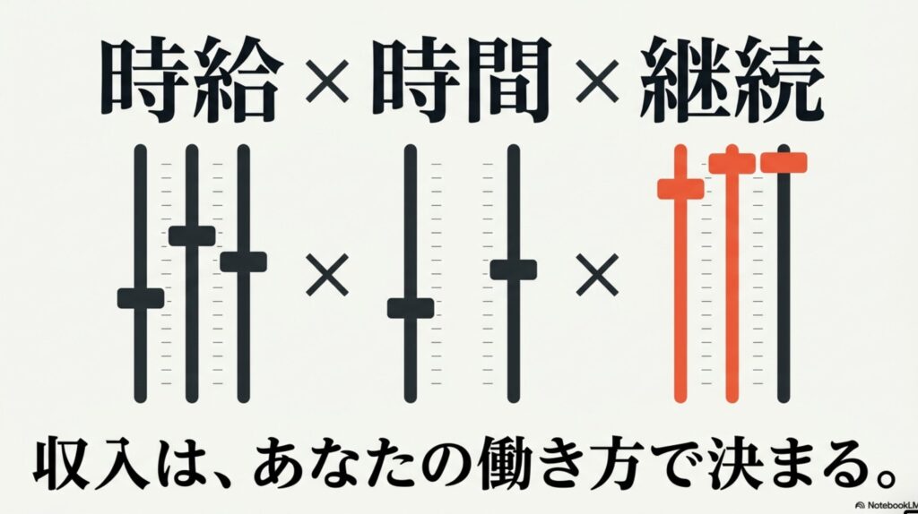 オンライン秘書の年収・月収・時給相場と月10万達成法 : 「時給×時間×継続 収入は、あなたの働き方で決まる。」と書かれた、オンライン秘書の収入を構成する3つの要素を示すスライド画像。