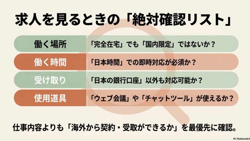 オンライン秘書を海外在住で始める完全在宅ワーク入門 : 働く場所、時間、報酬の受け取り方法、ツールなど、海外からの契約や受取が可能かを最優先に確認すべき項目をまとめたリストのスライド画像。