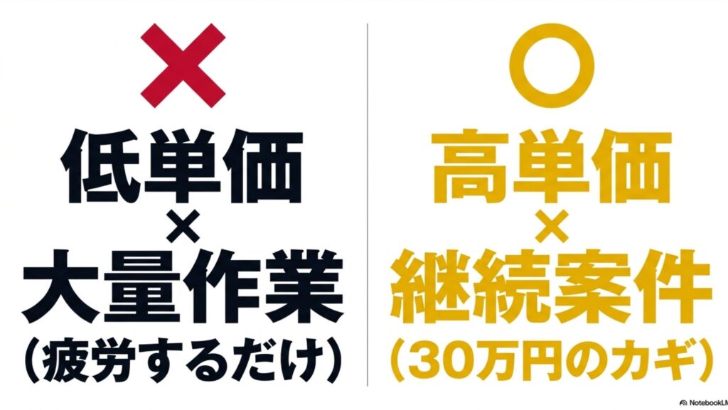 在宅ワークで月収30万を狙うなら知るべき収入戦略完全ガイド : 低単価と大量作業の組み合わせは「疲労するだけ」であり、高単価と継続案件の組み合わせが「30万円のカギ」であることを示す比較図。