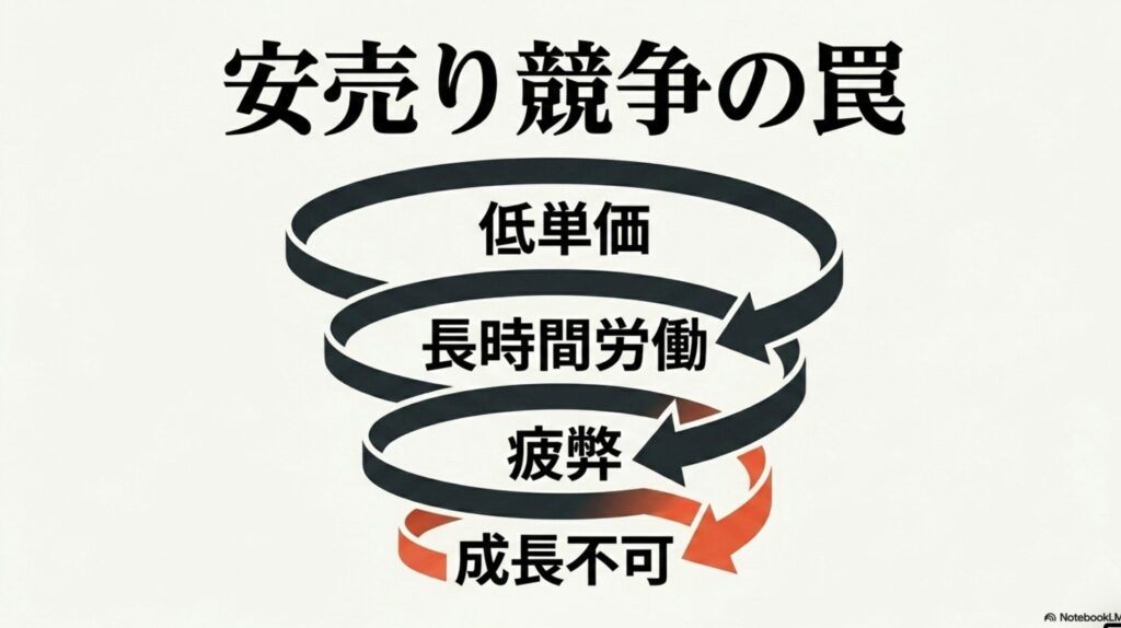 オンライン秘書の年収・月収・時給相場と月10万達成法 : 低単価から長時間労働、疲弊、成長不可へと繋がる負のスパイラルを示した「安売り競争の罠」のスライド画像。
