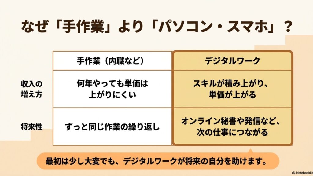 在宅ワークは資格なし主婦でも始められる！稼ぎ方ガイド : 手作業（内職など）とデジタルワークの違いを、収入の増え方や将来性の観点から比較し、スキルが積み上がって単価が上がるデジタルワークを推奨するスライド画像。