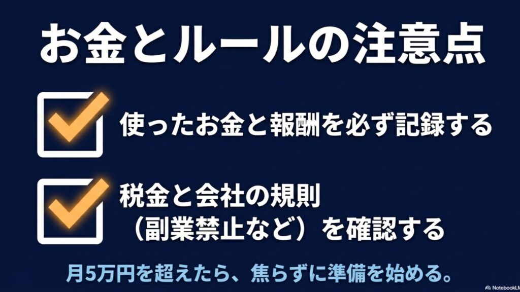 在宅ワークで月5万から10万稼ぐ現実解と安全な始め方 : チェックボックスのイラストと共に、「使ったお金と報酬を必ず記録する」 「税金と会社の規則（副業禁止など）を確認する」 「月5万円を超えたら、焦らずに準備を始める」 という、収入が伸びるほど大事になる3つの注意点が書かれたスライド画像。