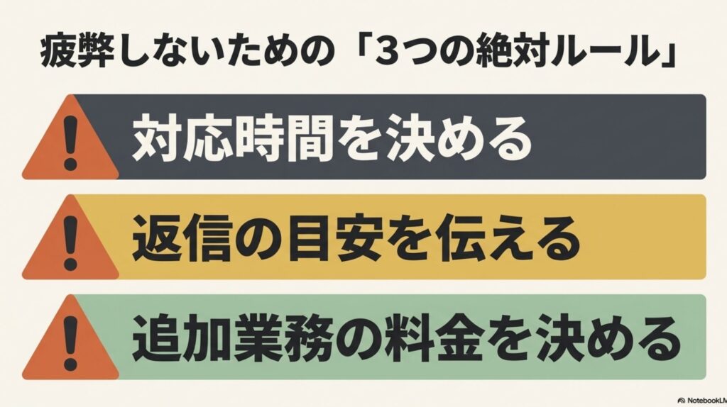 オンライン秘書をやってみた感想ときつい点の本音を解説 : 対応時間を決める、返信の目安を伝える、追加業務の料金を決めるという消耗を防ぐための具体的な対策をまとめた「疲弊しないための『3つの絶対ルール』」のスライド画像。