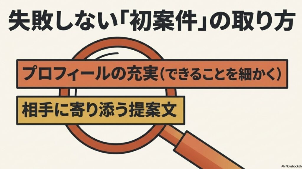 オンライン秘書をやってみた感想ときつい点の本音を解説 : プロフィールの充実(できることを細かく)と相手に寄り添う提案文が重要であることを示す「失敗しない『初案件』の取り方」のスライド画像。