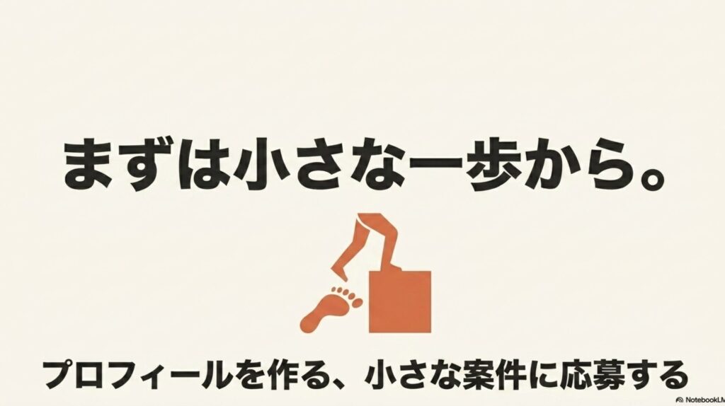 オンライン秘書をやってみた感想ときつい点の本音を解説 : プロフィール作成や小さな案件への応募など、最初のアクションを促す「まずは小さな一歩から。」のスライド画像。