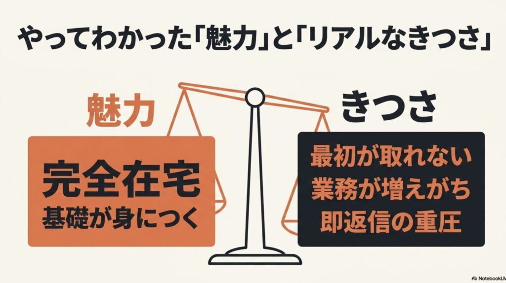 オンライン秘書をやってみた感想ときつい点の本音を解説 : 完全在宅などの「魅力」と、案件獲得の難しさや即レスの重圧などの「きつさ」を左右で対比させて解説した「やってわかった『魅力』と『リアルなきつさ』」のスライド画像。