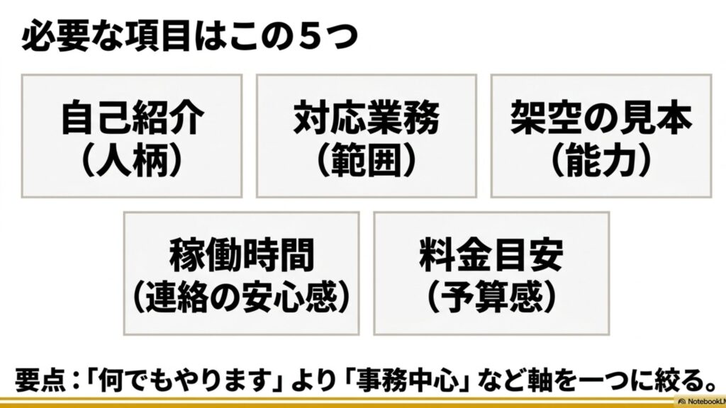 未経験から始めるオンライン秘書のポートフォリオ作成術 : ポートフォリオに必要な5つの項目として、自己紹介、対応業務、架空の見本、稼働時間、料金目安を挙げ、軸を一つに絞る重要性を伝えるスライド