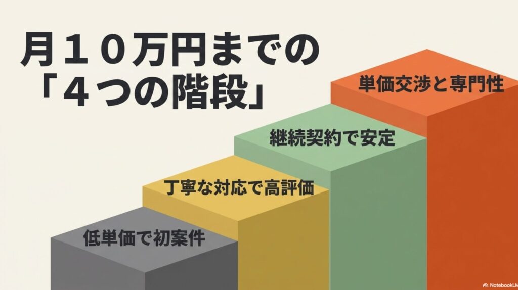 オンライン秘書をやってみた感想ときつい点の本音を解説 : 低単価での初案件から、高評価、継続契約、単価交渉と専門性へと段階的にステップアップするプロセスを示した「月10万円までの『4つの階段』」のスライド画像。
