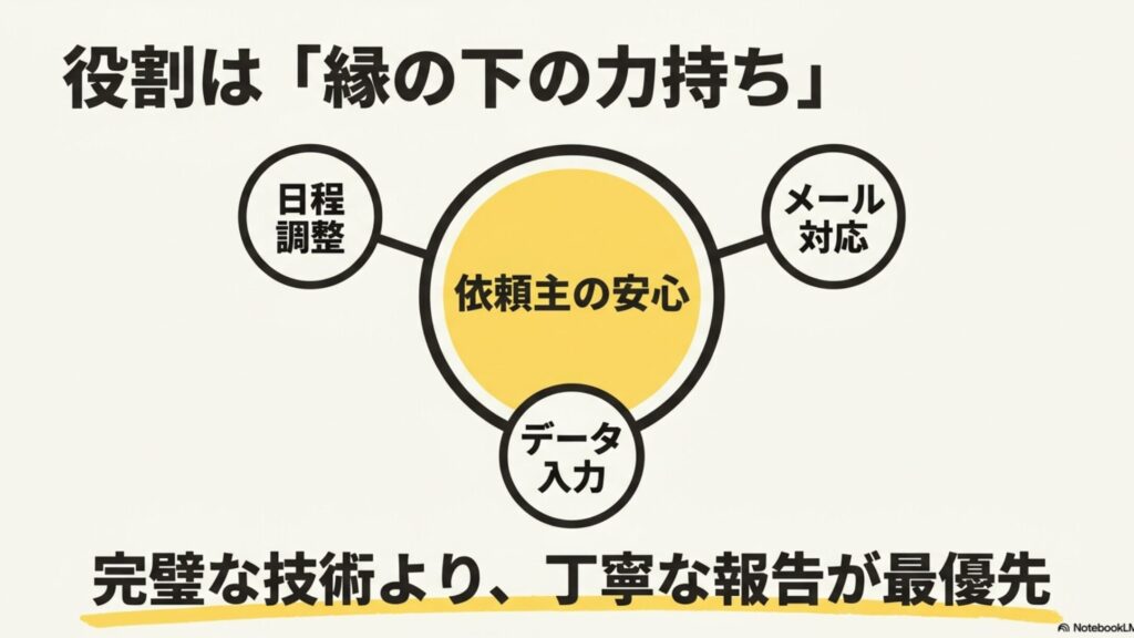 オンライン秘書をクラウドワークスで未経験から始める方法 : オンライン秘書の役割を「縁の下の力持ち」と表現し、日程調整・メール対応・データ入力などの主要業務と、「完璧な技術より、丁寧な報告が最優先」という最も大切な心得を示したスライド。