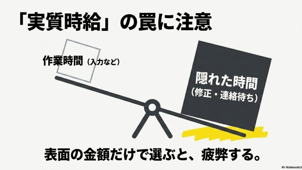 オンライン秘書をクラウドワークスで未経験から始める方法 : 単純な作業時間だけでなく、修正や連絡待ちなどの「隠れた時間」を考慮することの大切さを伝え、表面上の金額だけで案件を選ぶと疲弊してしまうリスクを警告するスライド。