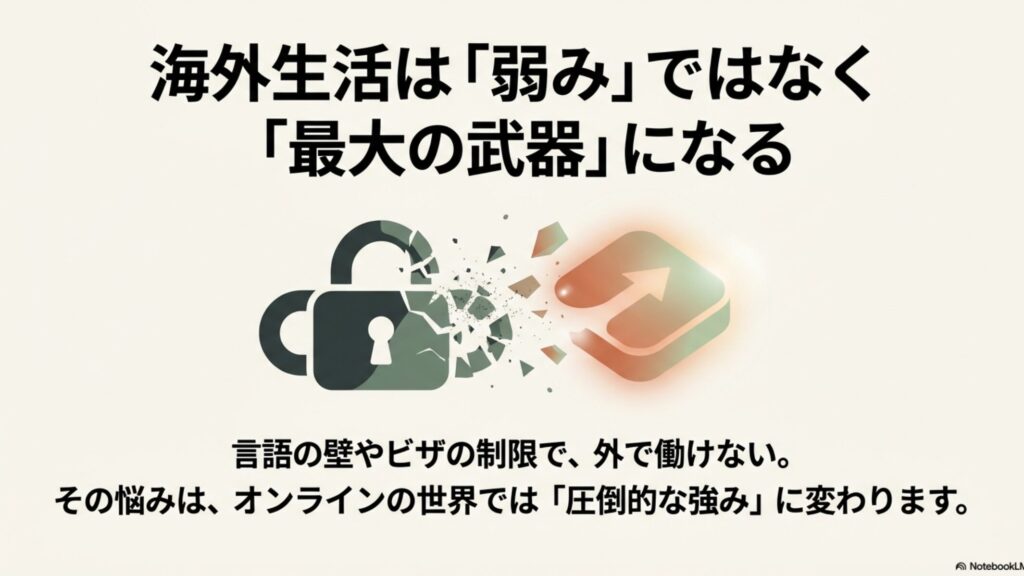 オンライン秘書を海外在住で始める完全在宅ワーク入門 : 外で働けない悩みがオンラインの世界で強みに変わることを説明する、外れた南京錠のイラストが描かれたスライド画像。