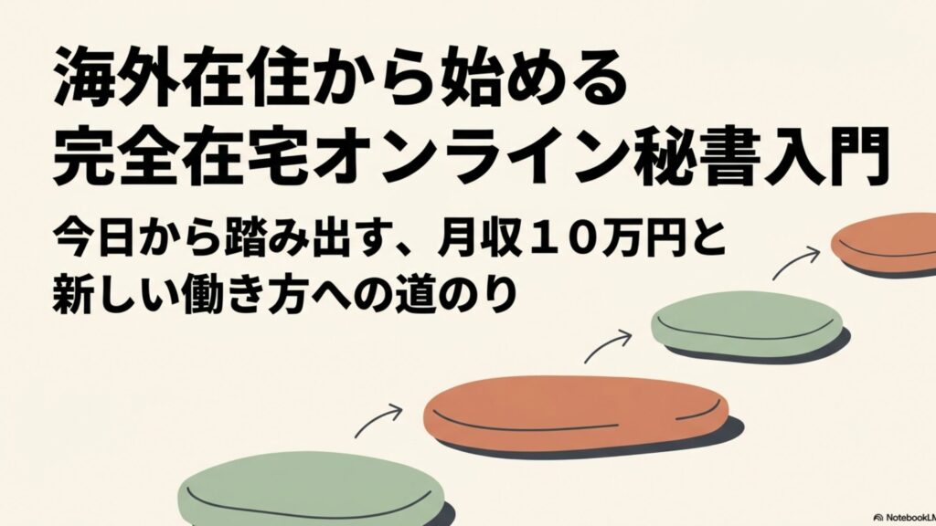 オンライン秘書を海外在住で始める完全在宅ワーク入門 : 「海外在住から始める完全在宅オンライン秘書入門」と書かれた、ロードマップの表紙となるスライド画像。