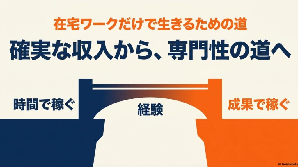 在宅ワークだけで生活は可能？収入目安と仕事選びの手順 : 確実な収入から専門性を高める道へ進むステップの図解