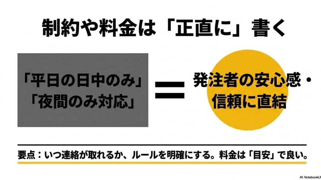 未経験から始めるオンライン秘書のポートフォリオ作成術 : 平日の日中のみ、夜間のみなどの制約や料金の目安を正直に書くことが発注者の安心感と信頼に直結することを説明するスライド