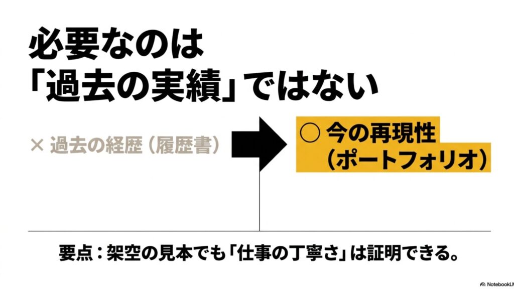 未経験から始めるオンライン秘書のポートフォリオ作成術 : ポートフォリオに必要なのは過去の経歴（履歴書）ではなく、今の再現性であることを示し、架空の見本でも仕事の丁寧さは証明できると説明するスライド