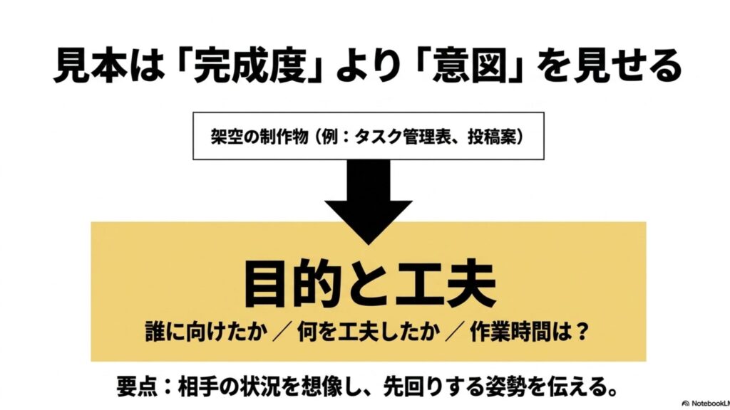 未経験から始めるオンライン秘書のポートフォリオ作成術 : 架空の制作物（タスク管理表や投稿案）では完成度よりも目的や工夫、ターゲットなどの「意図」を見せ、先回りする姿勢を伝えるスライド