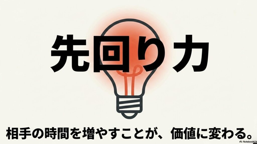 オンライン秘書の年収・月収・時給相場と月10万達成法 : 「先回り力 相手の時間を増やすことが、価値に変わる。」と書かれた、指示待ちから脱却して価値を高める重要性を示すスライド画像。