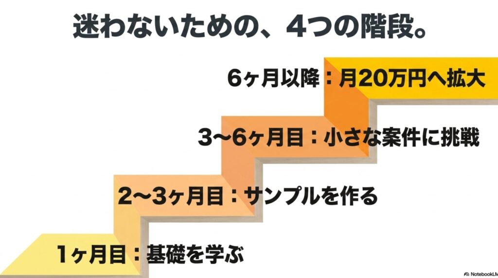 在宅ワークで月収20万を未経験から目指す現実的手順 : 迷わないための4つの階段として、1ヶ月目は基礎を学ぶ、2〜3ヶ月目はサンプルを作る、3〜6ヶ月目は小さな案件に挑戦、6ヶ月以降は月20万円へ拡大するというロードマップを示したスライド画像。