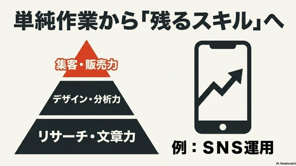 【在宅ワークのリアルな1日ルーティン】メリハリある楽しみ方のコツ : 単純作業から抜け出し、SNS運用などを通じて集客・販売力、デザイン・分析力、リサーチ・文章力といった残るスキルを身につける重要性を示す図解