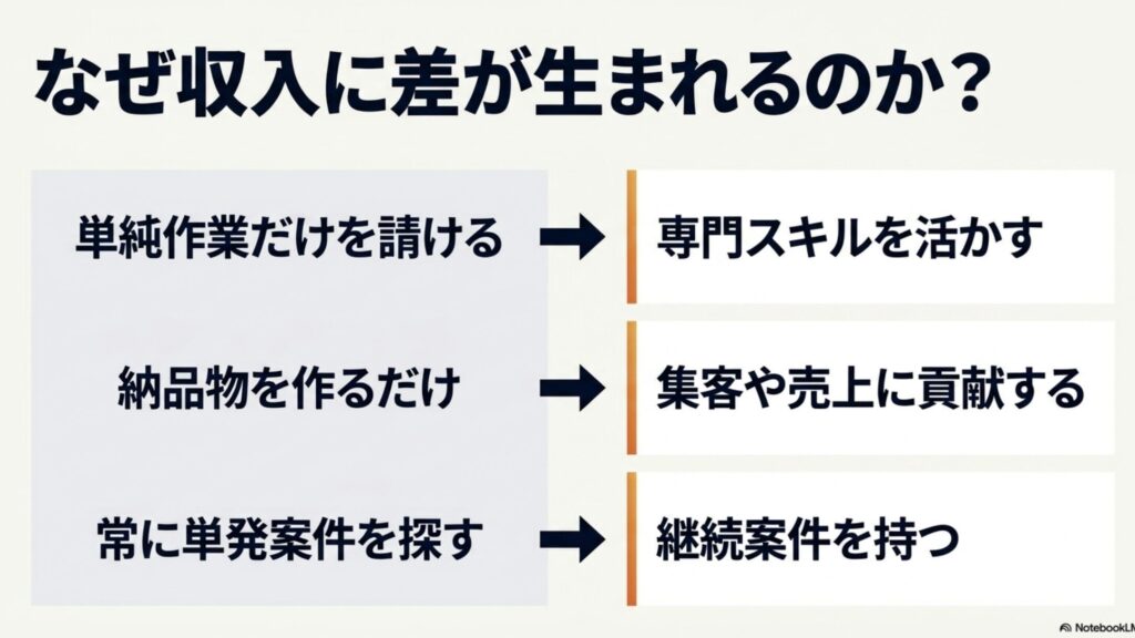 在宅ワークの年収と給料は?平均月収と収入の実態完全ガイド :単純作業と専門スキル、単発案件と継続案件など、在宅ワークで収入に差が生まれる理由を比較したスライド