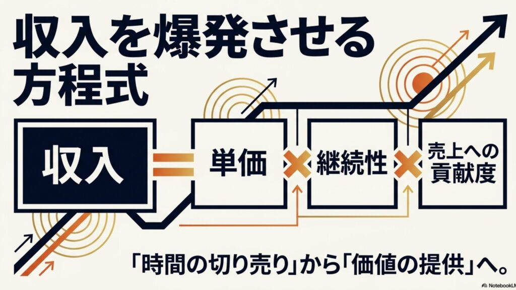 在宅ワークの年収と給料は?平均月収と収入の実態完全ガイド : 収入は「単価×継続性×売上への貢献度」で決まり、時間の切り売りから価値の提供へシフトする方程式の図解