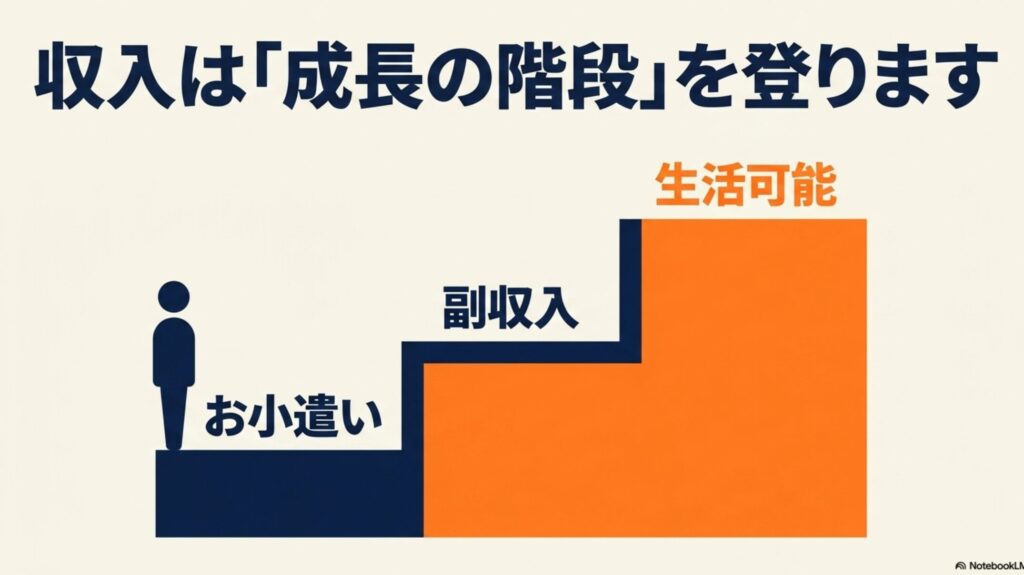 在宅ワークだけで生活は可能？収入目安と仕事選びの手順 : お小遣いや副収入から生活可能な収入へと成長する階段の図解