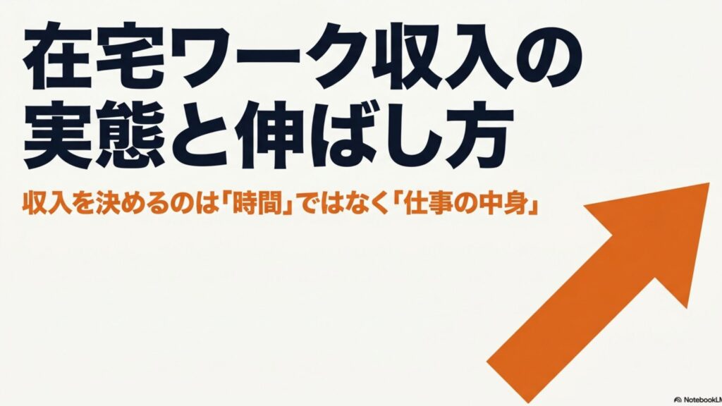 在宅ワークの年収と給料は？平均月収と収入の実態完全ガイド : 収入を決めるのは時間ではなく仕事の中身であることを伝える、在宅ワーク収入の実態と伸ばし方に関するスライド表紙