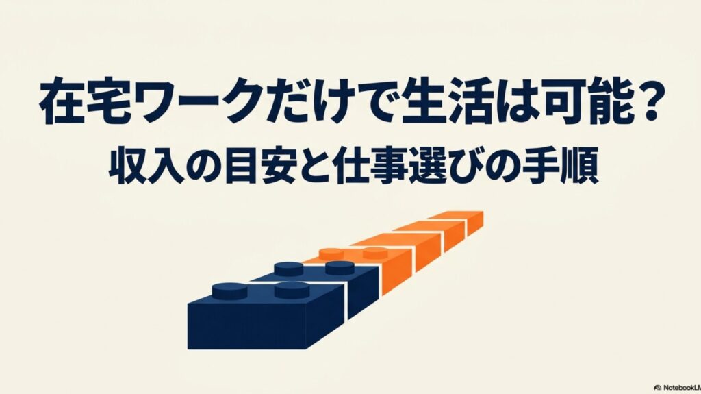在宅ワークだけで生活は可能？収入目安と仕事選びの手順 : 在宅ワークだけで生活するための手順と収入目安を示すブロックの階段イメージ