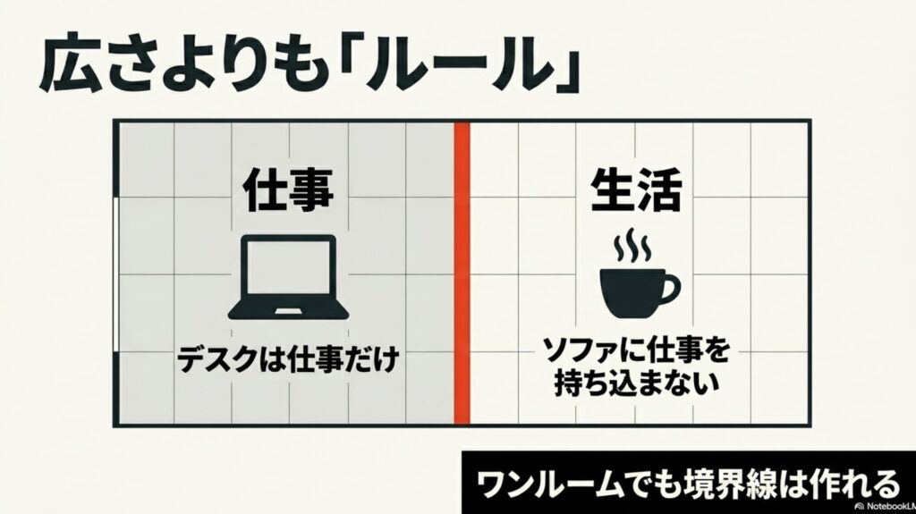 【在宅ワークのリアルな1日ルーティン】メリハリある楽しみ方のコツ : 部屋の広さではなく、デスクは仕事だけ、ソファには仕事を持ち込まないといったルールで境界線を作れることを示す図解