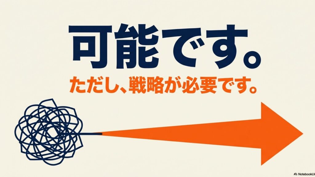 在宅ワークだけで生活は可能？収入目安と仕事選びの手順 : 在宅ワークだけで生活するのは可能だが戦略が必要であることを示す図解