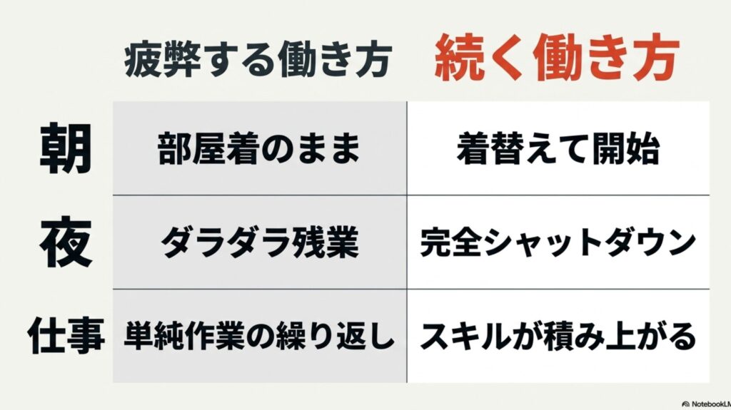 【在宅ワークのリアルな1日ルーティン】メリハリある楽しみ方のコツ : 朝、仕事中、夜それぞれの時間帯における、疲弊する働き方と続く働き方の具体的な行動の違いをまとめた比較表