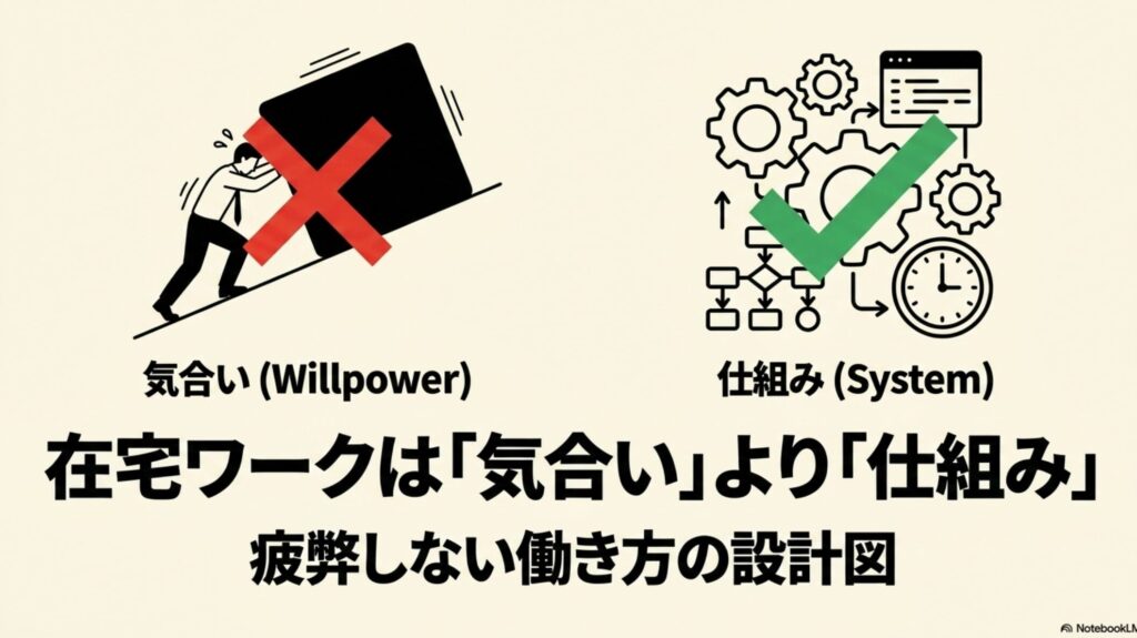 【在宅ワークのリアルな1日ルーティン】メリハリある楽しみ方のコツ : 気合いなどの意志の力に頼るのではなく、仕組みを作ることが在宅ワークにおいて重要であることを示す図解