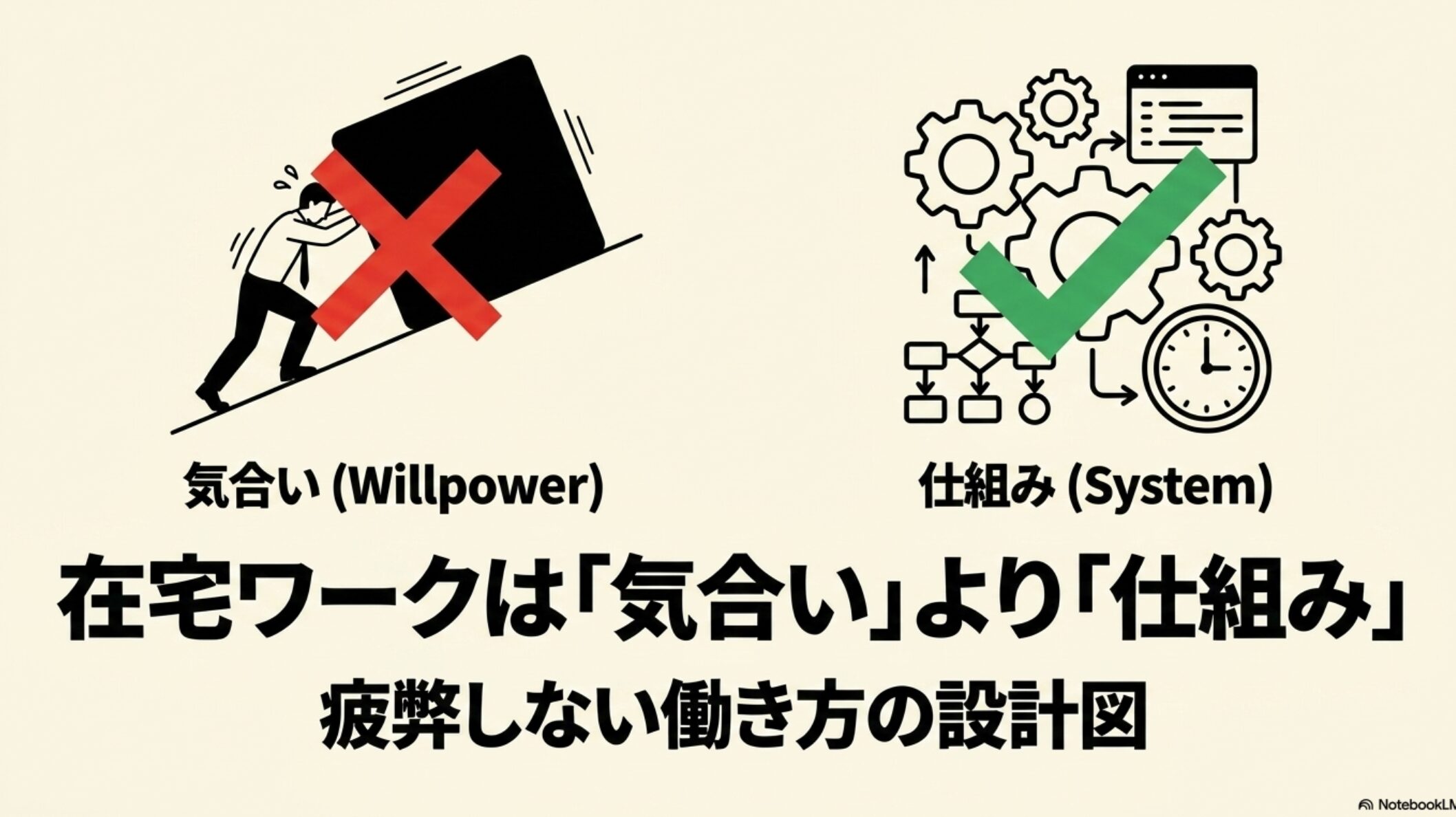 【在宅ワークのリアルな1日ルーティン】メリハリある楽しみ方のコツ : 気合いなどの意志の力に頼るのではなく、仕組みを作ることが在宅ワークにおいて重要であることを示す図解