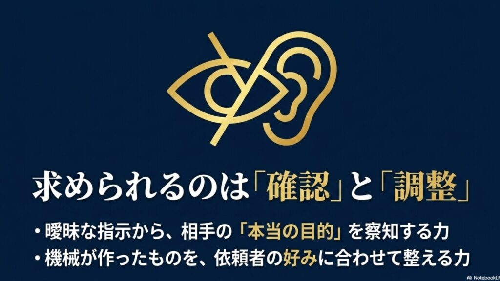 オンライン秘書の将来性と需要をAI時代の副業目線で解説 : AI時代に求められるのは確認と調整であり、相手の目的を察知し好みに合わせて整える力を示すスライド