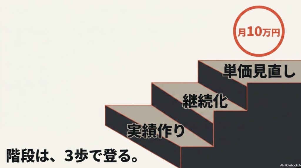 オンライン秘書の年収・月収・時給相場と月10万達成法 : 実績作り、継続化、単価見直しを経て月10万円へ到達するプロセスを示した「階段は、3歩で登る。」のスライド画像。