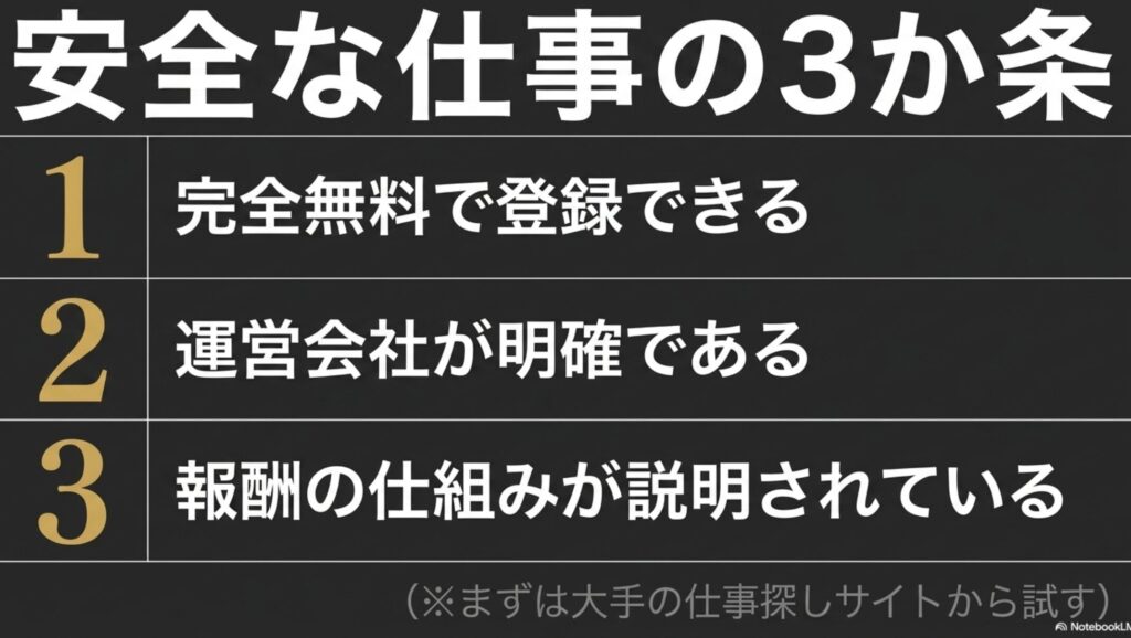 在宅ワークをパソコンなしスマホのみでOK!安全なアプリで始める : 安全な仕事の3か条として、1.完全無料で登録できる、2.運営会社が明確である、3.報酬の仕組みが説明されている、の3点を提示し、まずは大手の仕事探しサイトから試すことを推奨するスライド。