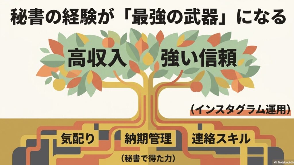 オンライン秘書をやってみた感想ときつい点の本音を解説 : オンライン秘書で得た力(気配り、納期管理、連絡スキル)がインスタグラム運用に活きることで、強い信頼と高収入に繋がることを示した「秘書の経験が『最強の武器』になる」のスライド画像。