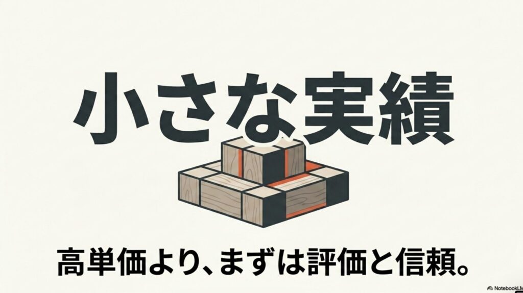 オンライン秘書の年収・月収・時給相場と月10万達成法 : 積み木のように重なるブロックの上に「小さな実績」と書かれた、「高単価より、まずは評価と信頼。」を説明するスライド画像。